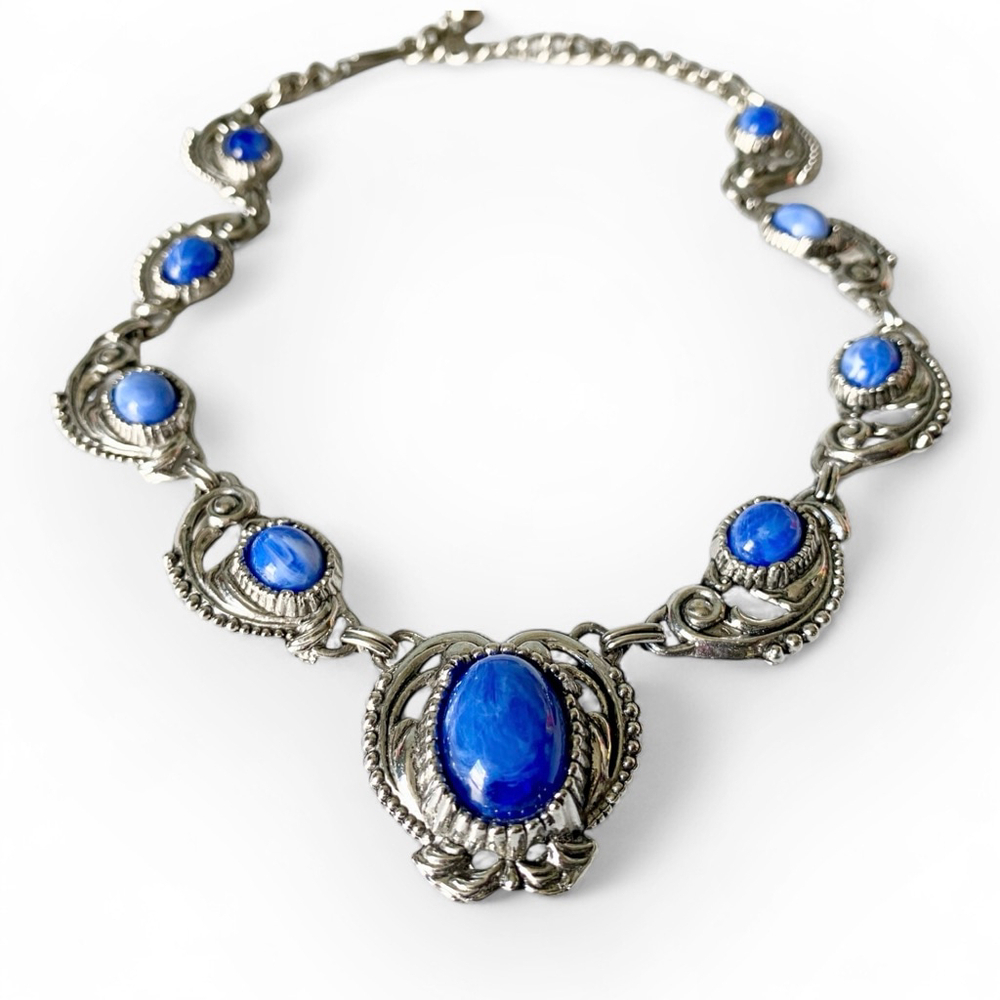 Vintage Selro Selini Faux Blue Lapis Lazuli Chunky Art Nouveau Style Necklace.